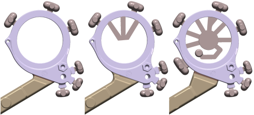 Fig. 3: A selection of modified casting systems (center; right) compared to the original design (left): optimization of both gating and overflow systems for controlling the flow and reducing air entrapment-related defects in the final component 